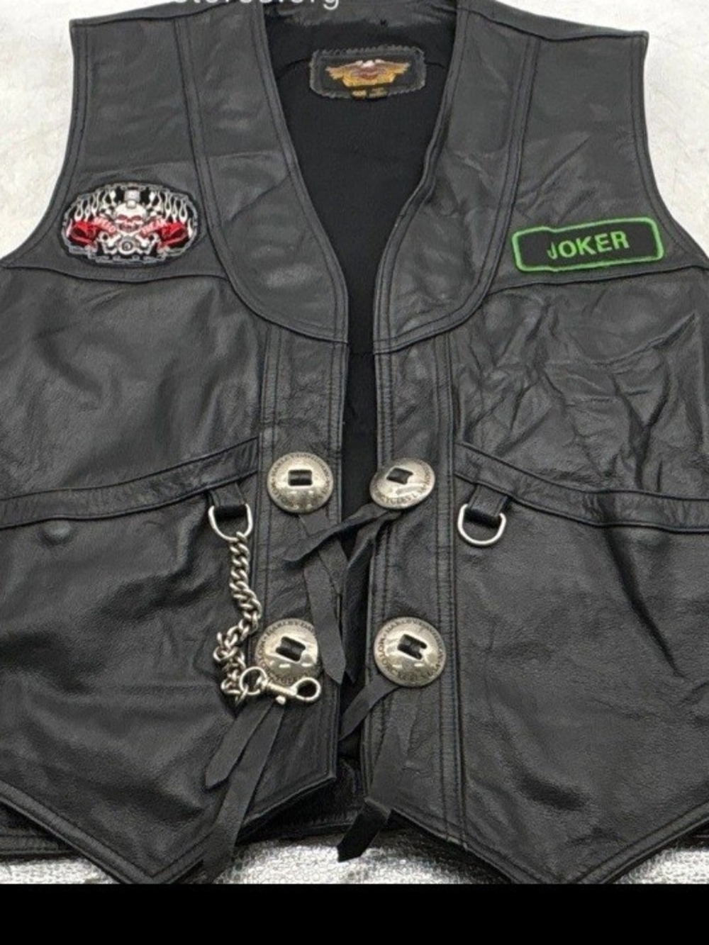 Vintage Harley-Davidson Black Leather Vest with Green Joker Patch Size XXXL Men